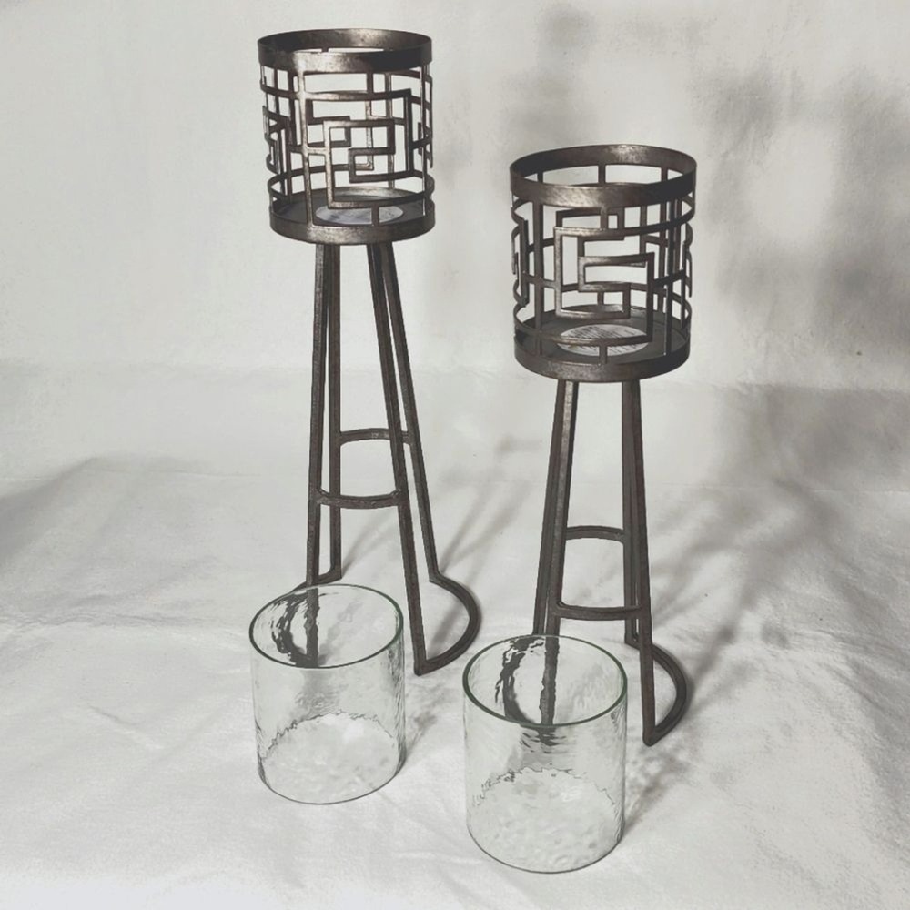 HTF Rare Set 2 Metal Pillar Candle Holders Glass Inserts 13" & 15" Made In India